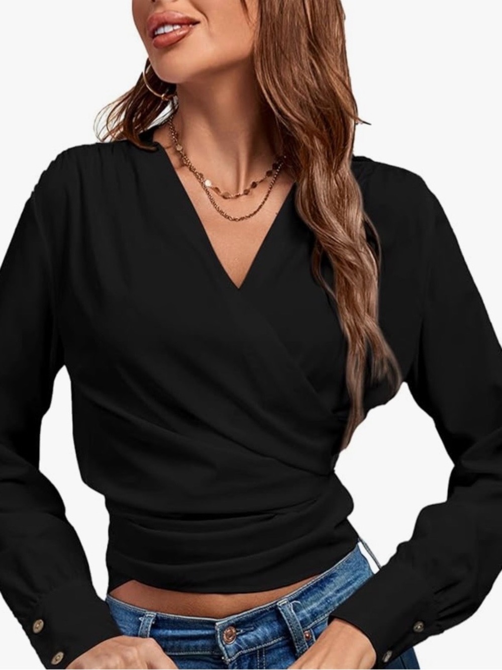 Women's Black Tie-Back Long Sleeve Wrap Top